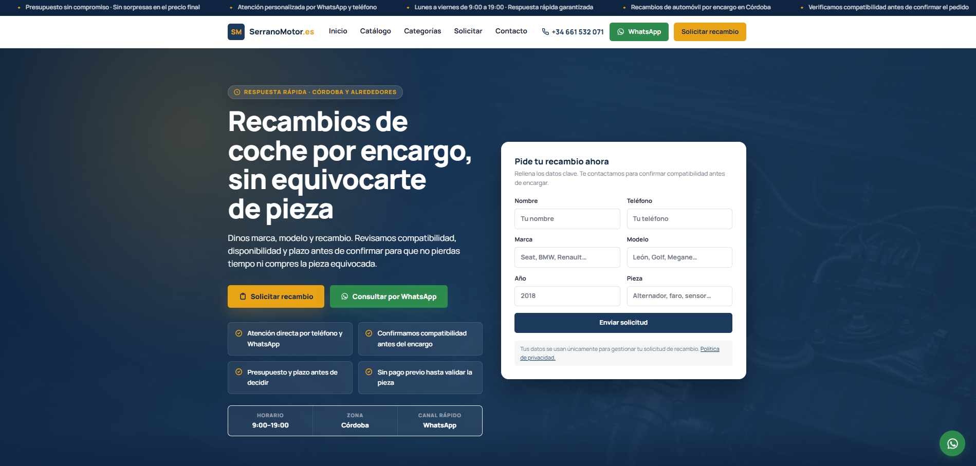 Captura de SerranoMotor.es: catálogo de recambios con CTAs de WhatsApp