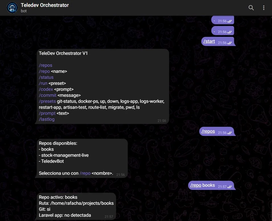 TeledevBot: panel de comandos en chat de Telegram